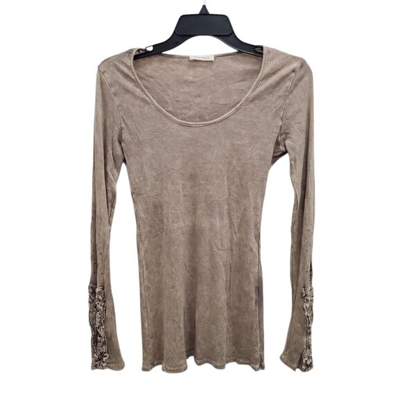 Vintage Tops - Phanuel Women's Y2K Taupe Acid Stone Wash Boho Applique Long Sleeve Tee One Size